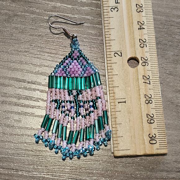 Vintage Seed Bead Fringed Dangle Earrings with Butterfly Design - Picture 2 of 6